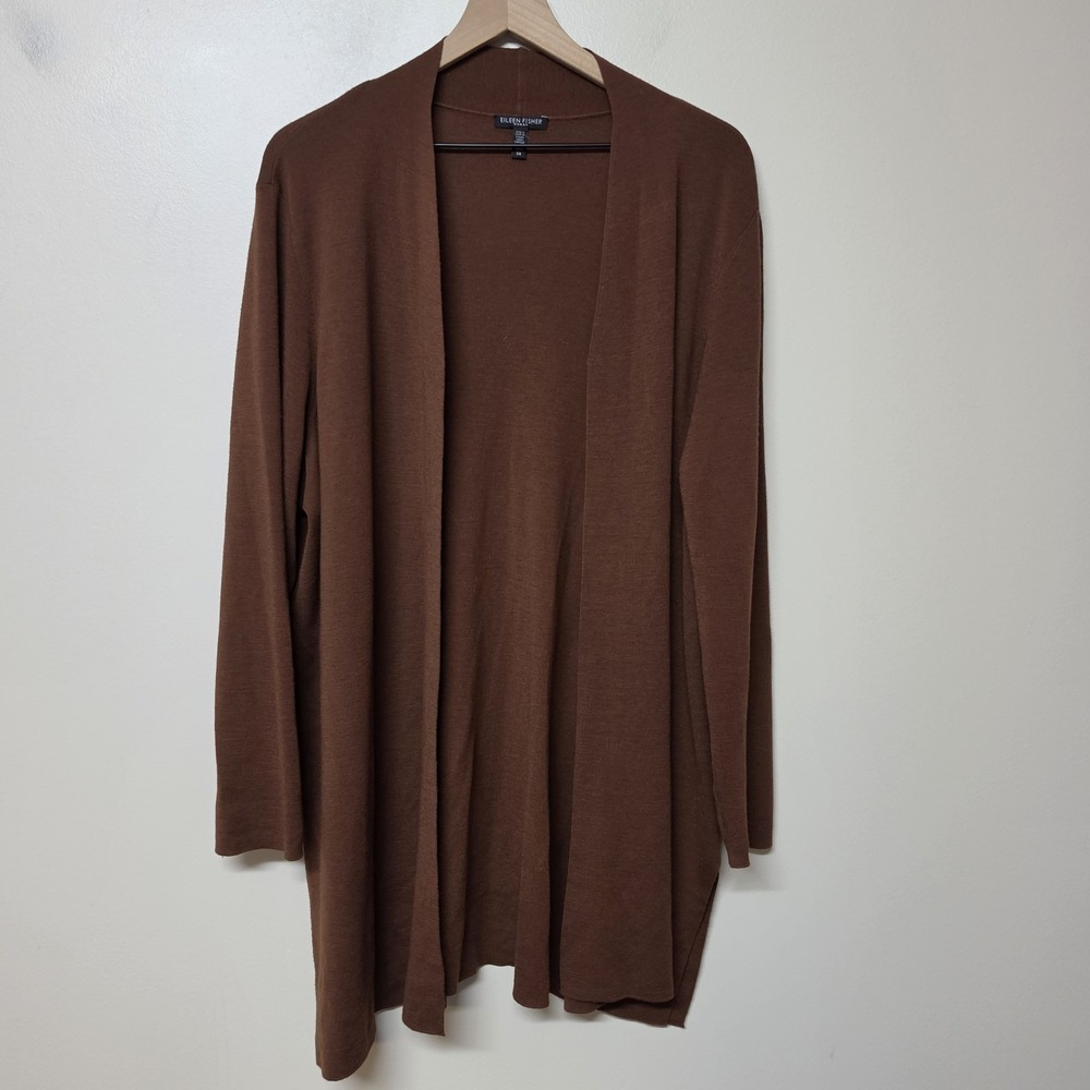 Eileen Fisher Ultrafine Merino Simple Cardigan Size 3X Nutmeg Brown Minimalist